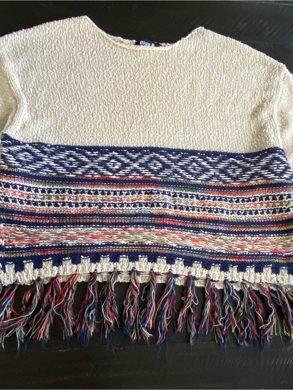 Blue B Multicolor Fringe Crewneck Sweater - Cream & Navy